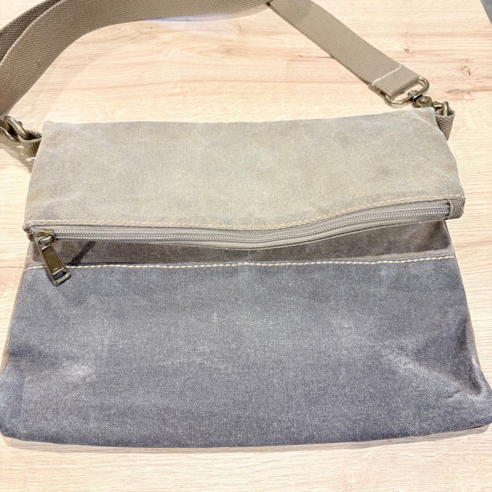 Cargoit Waxed Canvas Foldover Crossbody Bag Tan Grey Two Tone